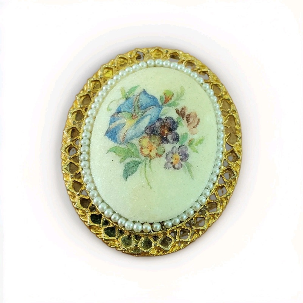 Vtg Porcelain Floral Brooch Blue Morning Glory Pansy Faux Pearl Gold Pin